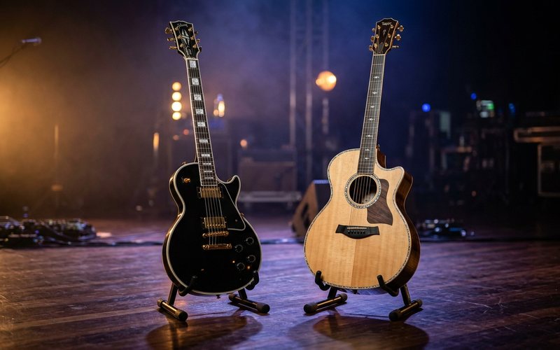 Gibson electric guitar and Taylor acoustic guitar on stage