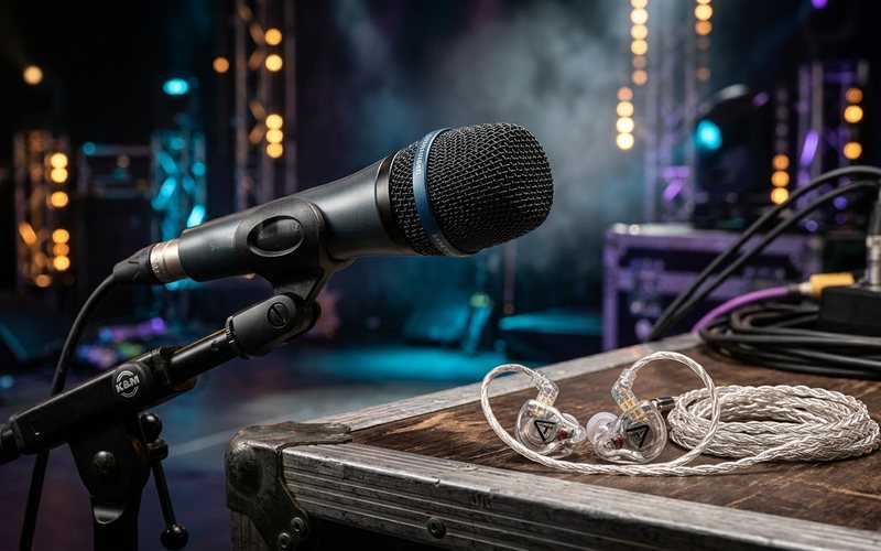 Professional vocal microphone and in-ear monitors on stage