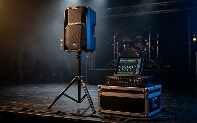 RCF active speaker and Soundcraft digital mixer on stage